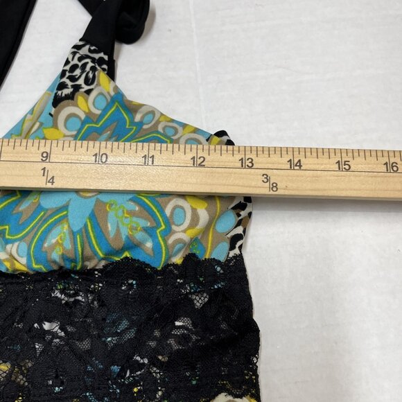 Vintage Y2K Indigo Six Top Womens L Babydoll Lace Trim Halter Mixed Print Jersey - Picture 7 of 7